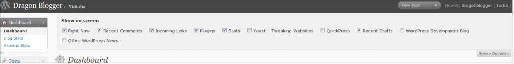 Dashboard Screen Options